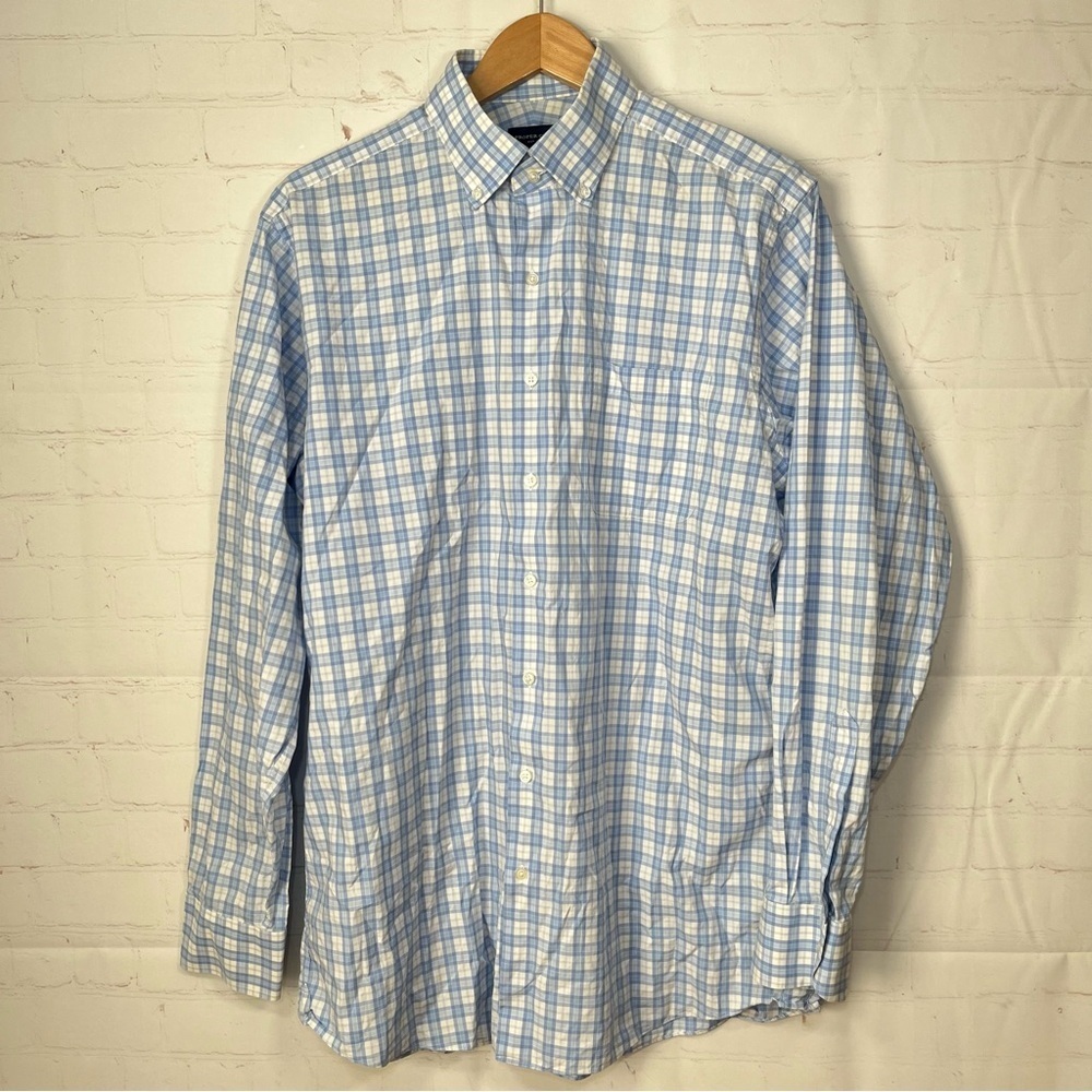 Proper Cloth Plaid Shirt Mens Large Blue White Button Down Long Sleeve Cotton